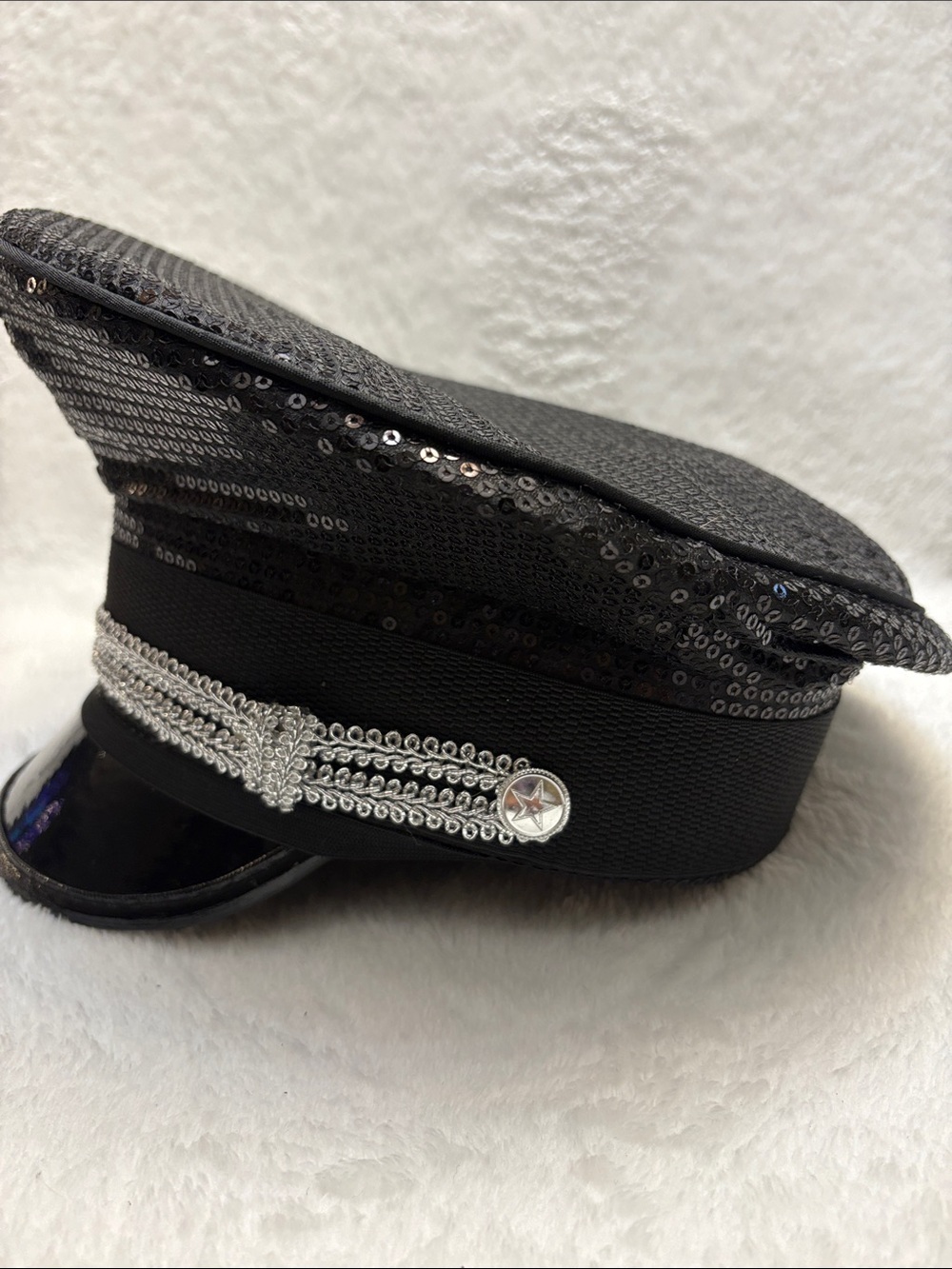 Black Sequin Police Style Cap with Silver Trim Detail - Picture 4 of 10